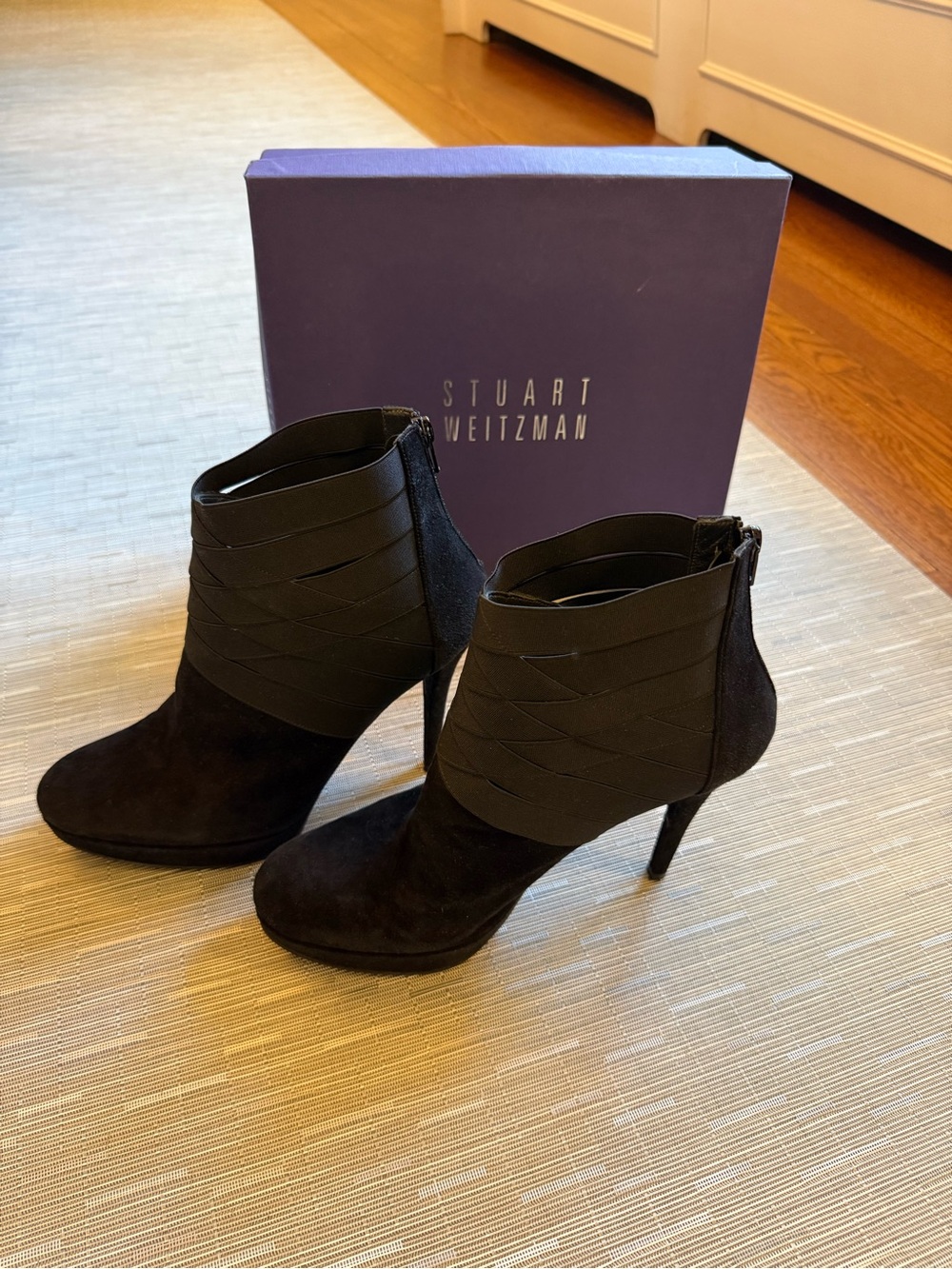 Stuart Weitzman Black Suede & Elastic Wrap Ankle Booties